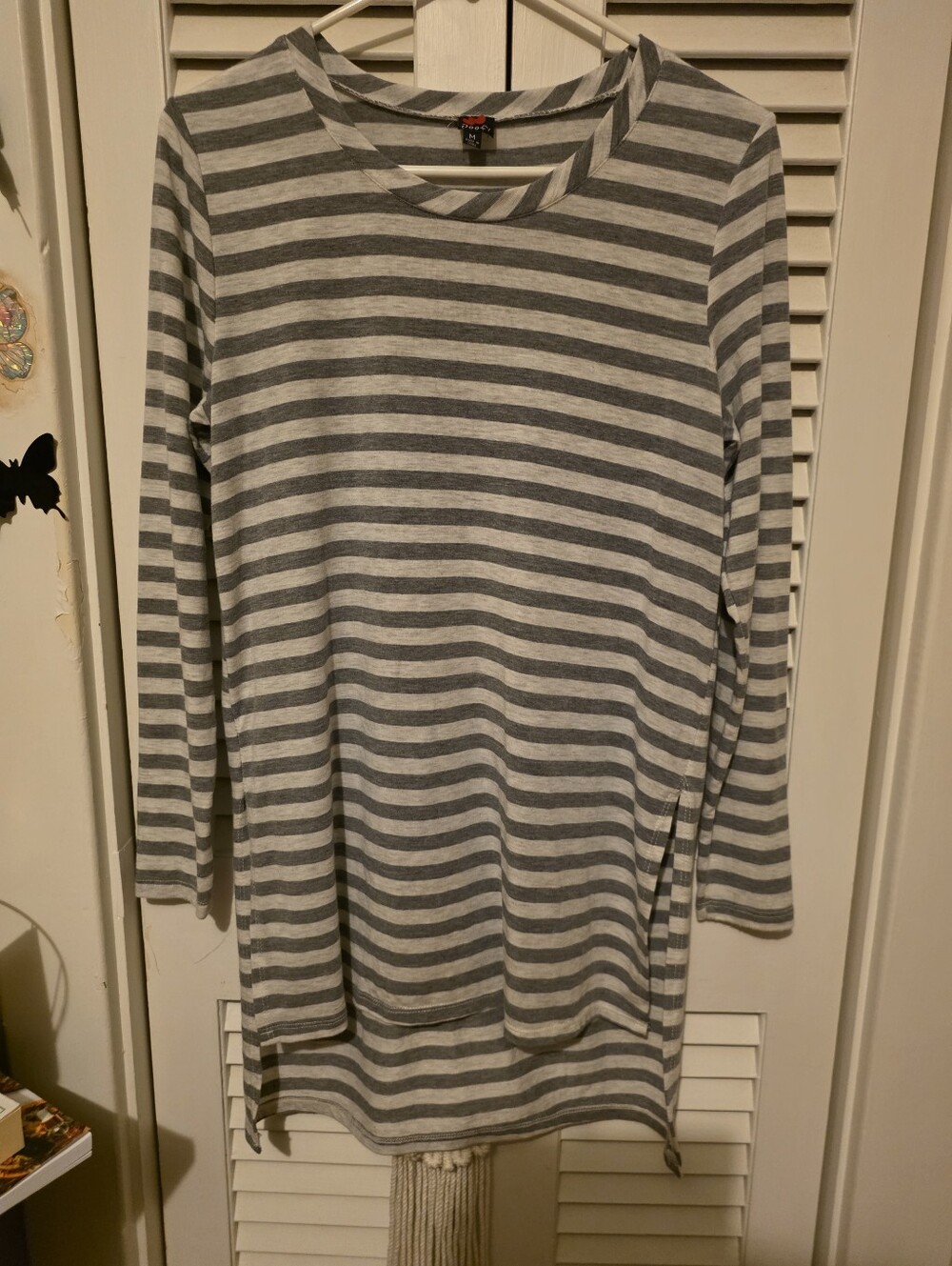Poof! Dark Gray & Light Gray Striped Long Sleeve Top with Cherry Tag